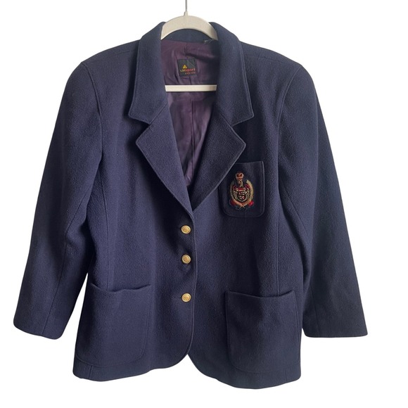 Vintage Lizsport Petites‎ Navy Wool Blazer Gold Crest Preppy Classic 8P - Picture 2 of 16